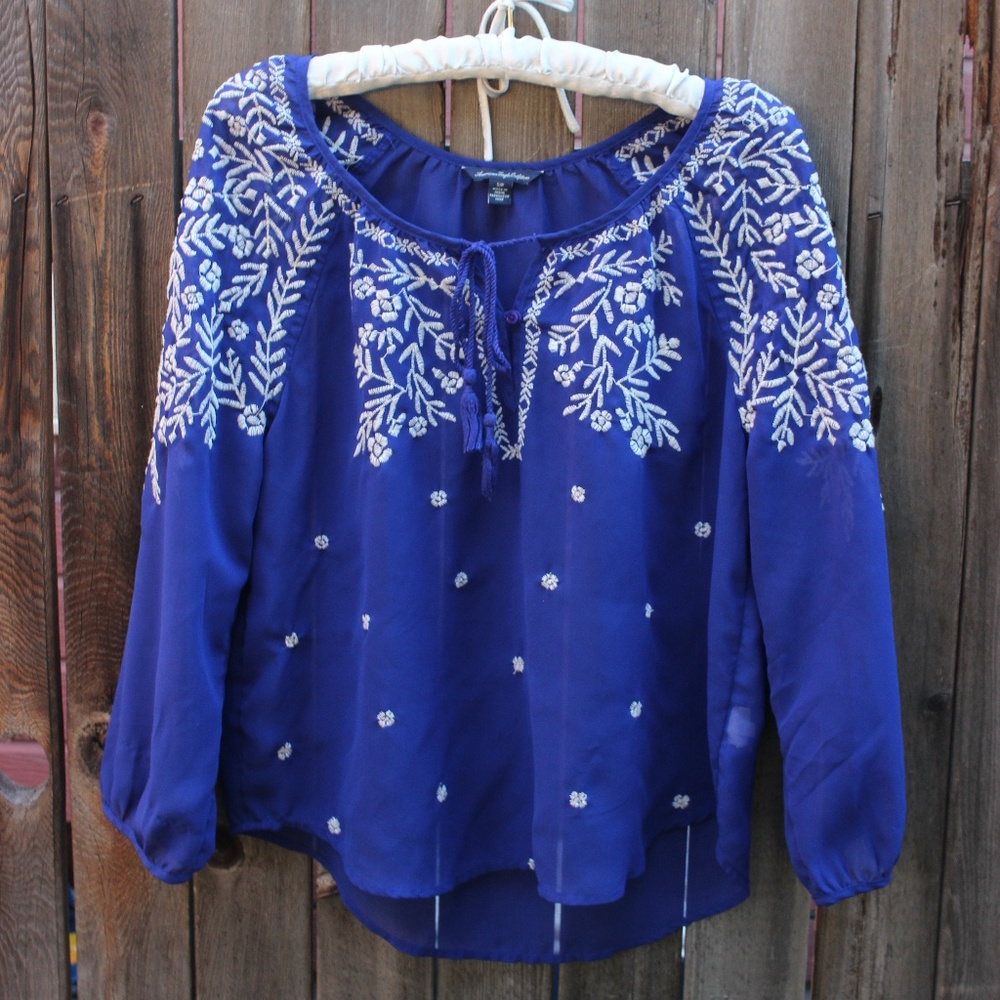 American Eagle sheer blue and white peasant top